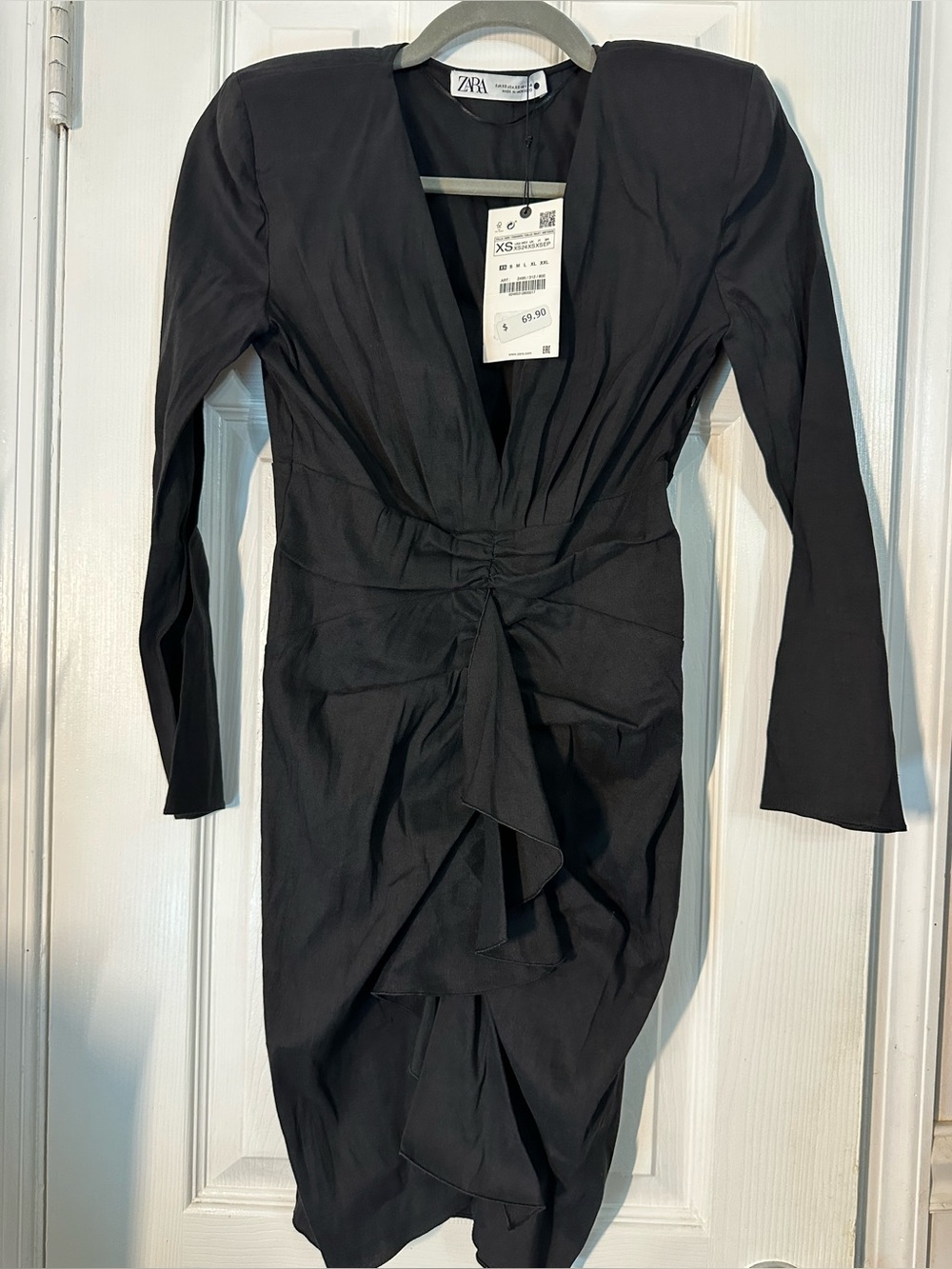 ZARA Black Long-Sleeve Twist-Front V-Neck Dress